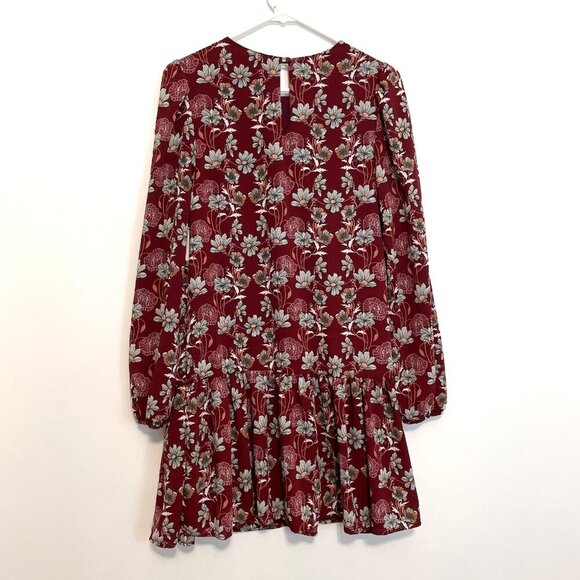NEW NWT CASLON Floral Print Long Sleeve Drop Waist Mini Dress Burgundy Maroon S - Picture 13 of 15
